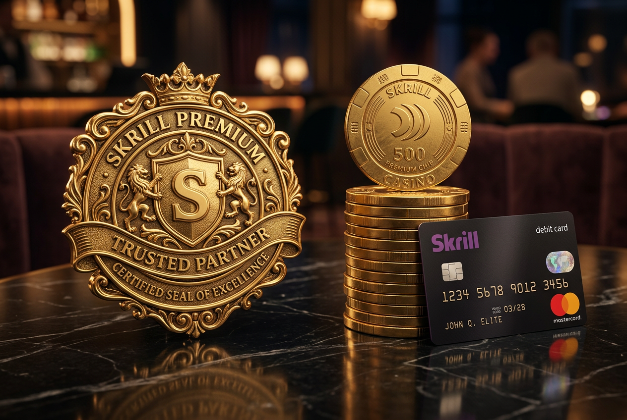 Expert stylized badge next to a stack of golden casino chips and a Skrill debit card