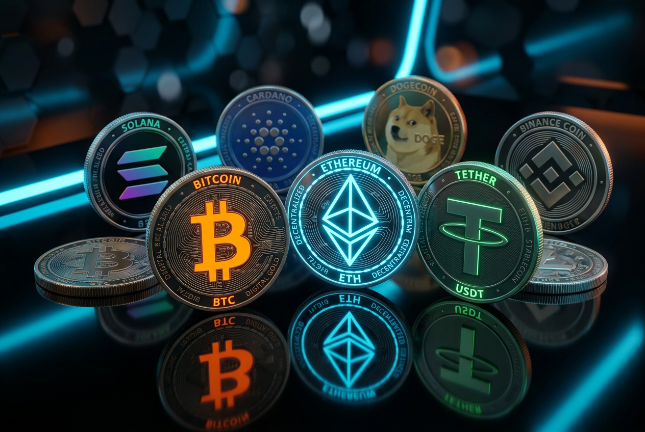 Render 3D monet Bitcoin, Ethereum i Tether na neonowym tle