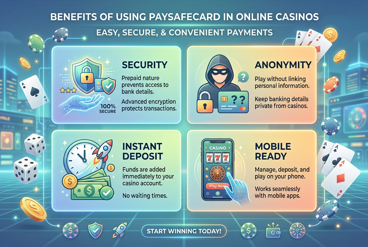 Grafika przedstawiająca logotyp Paysafecard oraz korzyści płynące z jego użytkowania w kasynie online
