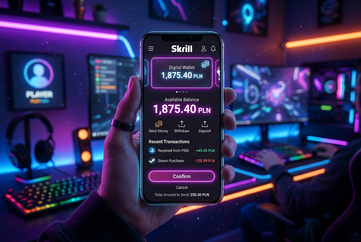 Modern smartphone displaying Skrill app interface with a digital wallet concept and gaming background